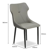 Gray chair with dimensions labeled on a white background
