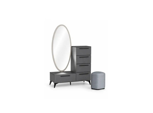 A modern gray bedroom furniture set featuring a three-drawer chest with an attached oval mirror, a matching low storage bench, and a cylindrical ottoman, all on a plain white background.