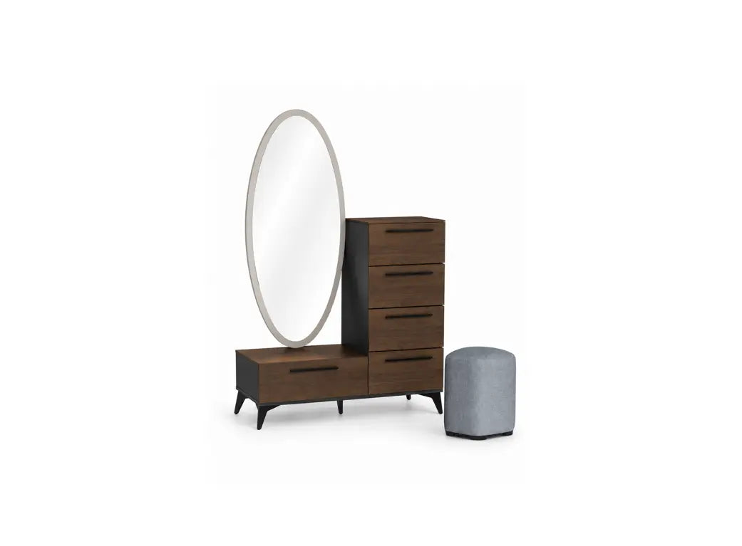 A modern wooden dresser set with a large oval mirror, a four-drawer chest, a two-drawer side table, and a gray cylindrical ottoman on a plain white background.
