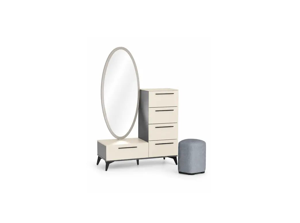 A modern bedroom furniture set featuring a cream-colored dresser with an attached oval mirror, a four-drawer chest, and a gray cylindrical ottoman, shown on a plain white background.