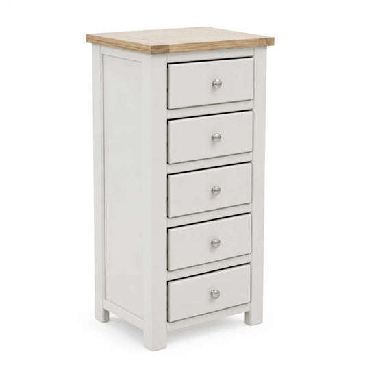 A tall, narrow five-drawer chest of drawers in white with a natural light wood top and small round silver knobs, shown on a plain white background.
