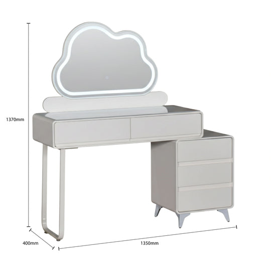 Dressing table with cloud-shaped mirror and dimensions on a white background