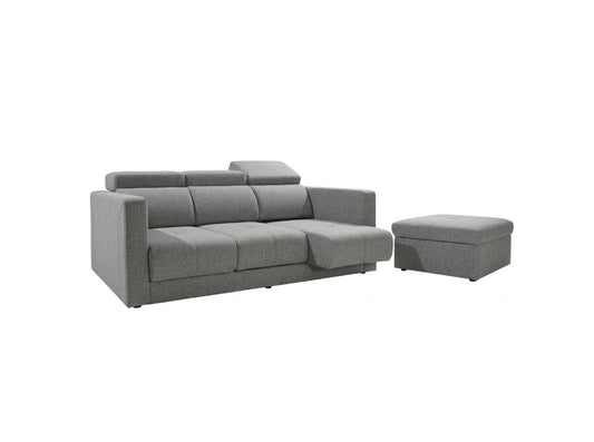 A modern gray fabric sectional sofa with a right-facing chaise lounge and a matching square ottoman, shown on a plain white background.