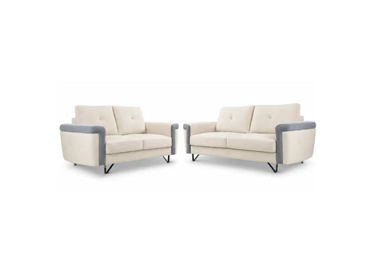 A matching two-piece sofa set consisting of a loveseat and a three-seater couch, upholstered in cream-colored fabric with contrasting gray armrests and slim black metal legs, shown against a plain white background.
