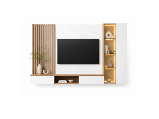 A modern wall-mounted TV console with a white marble-look center panel, light wood slats and shelves, a black flat-screen TV, and warm LED lighting in the side cabinet, shown against a plain white background.