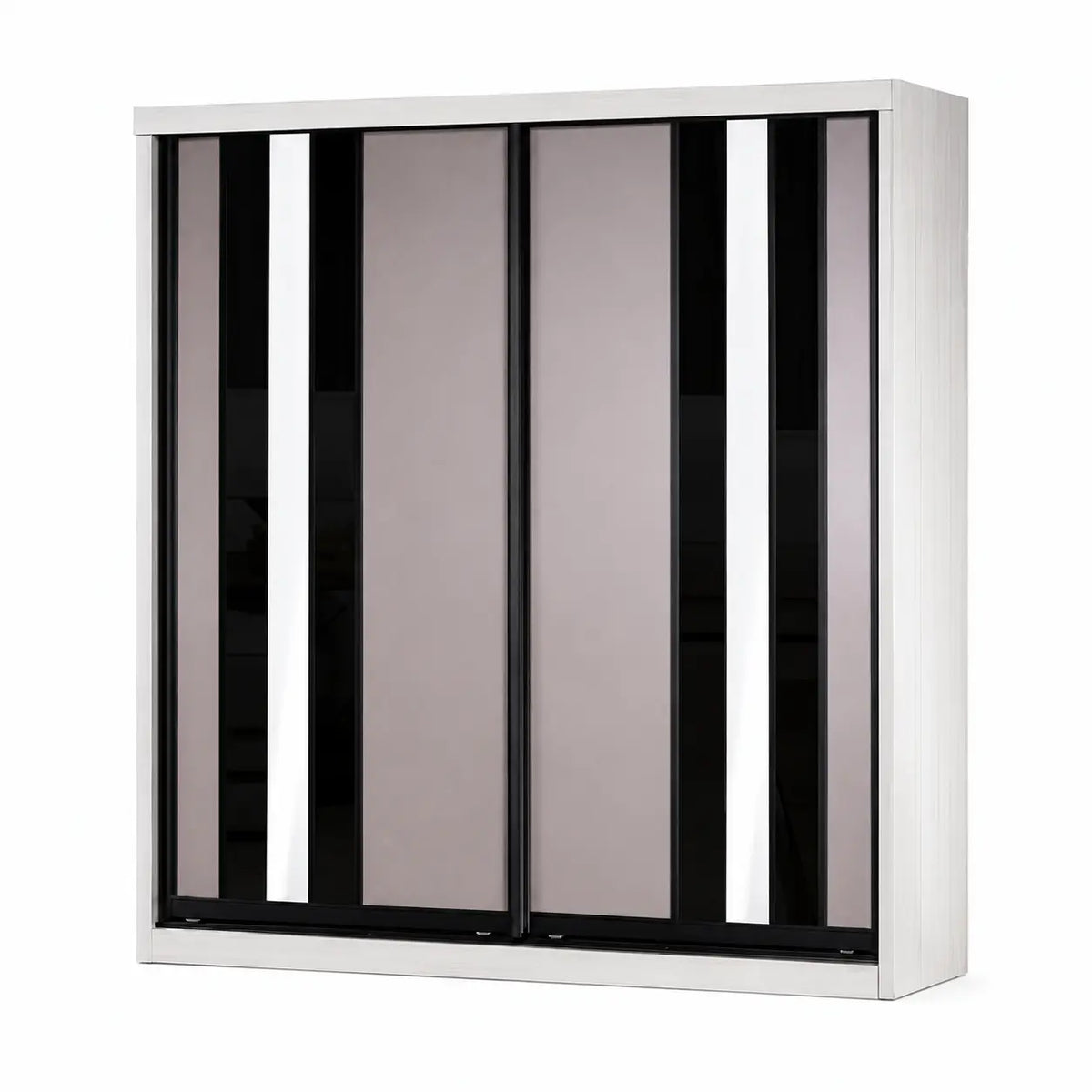 A modern wall-mounted cabinet with a white frame and two large vertical sliding doors in a smoky translucent taupe-brown glass, set against a plain white background.