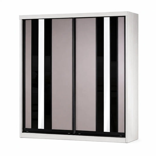 A modern wall-mounted cabinet with a white frame and two large vertical sliding doors in a smoky translucent taupe-brown glass, set against a plain white background.