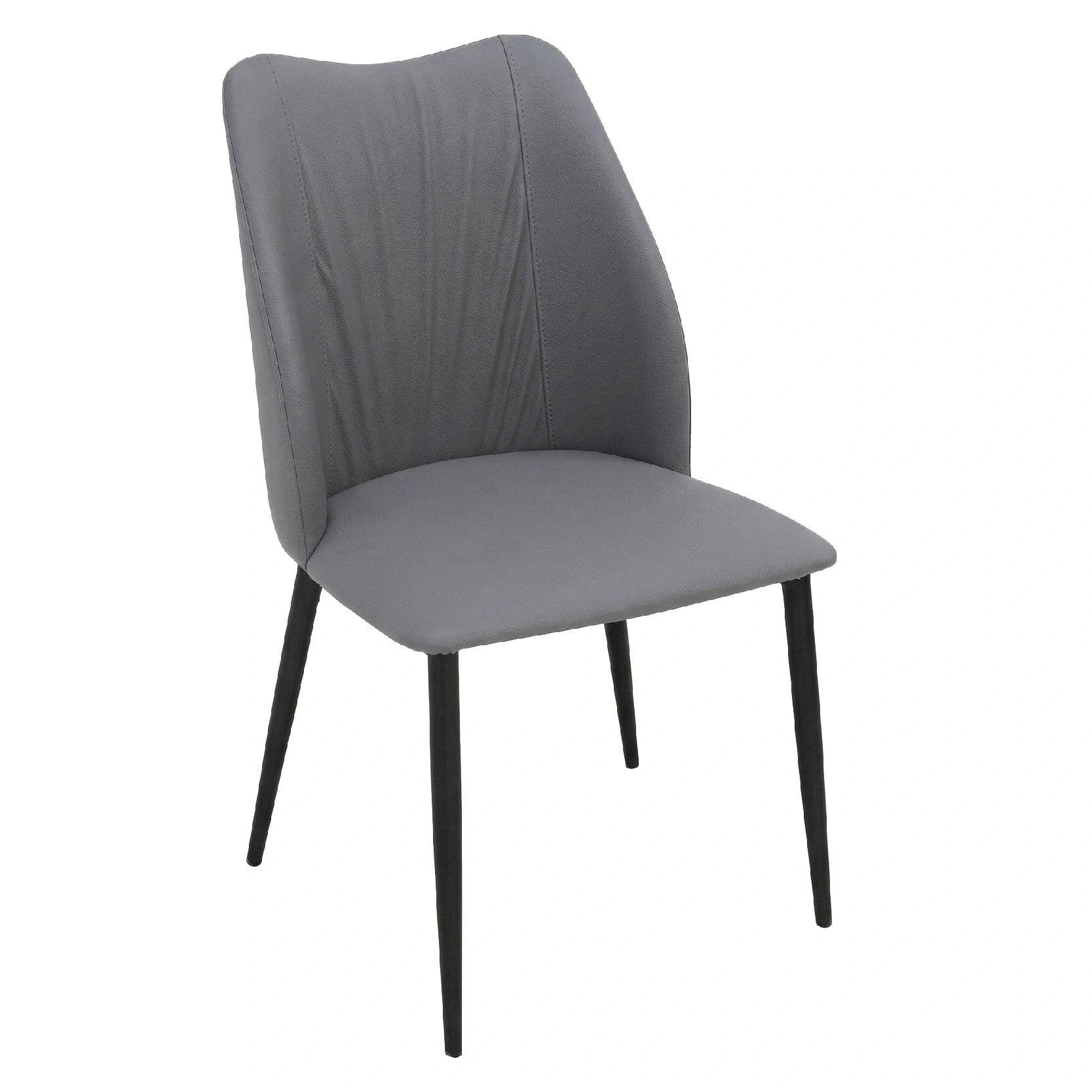 Gray upholstered chair with black legs on a white background