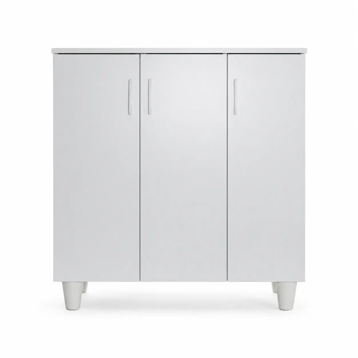A modern three-door storage cabinet in a light gray finish with slim vertical handles and short cylindrical legs, shown against a plain white background.