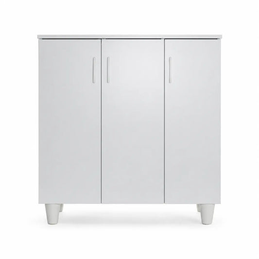 A modern three-door storage cabinet in a light gray finish with slim vertical handles and short cylindrical legs, shown against a plain white background.
