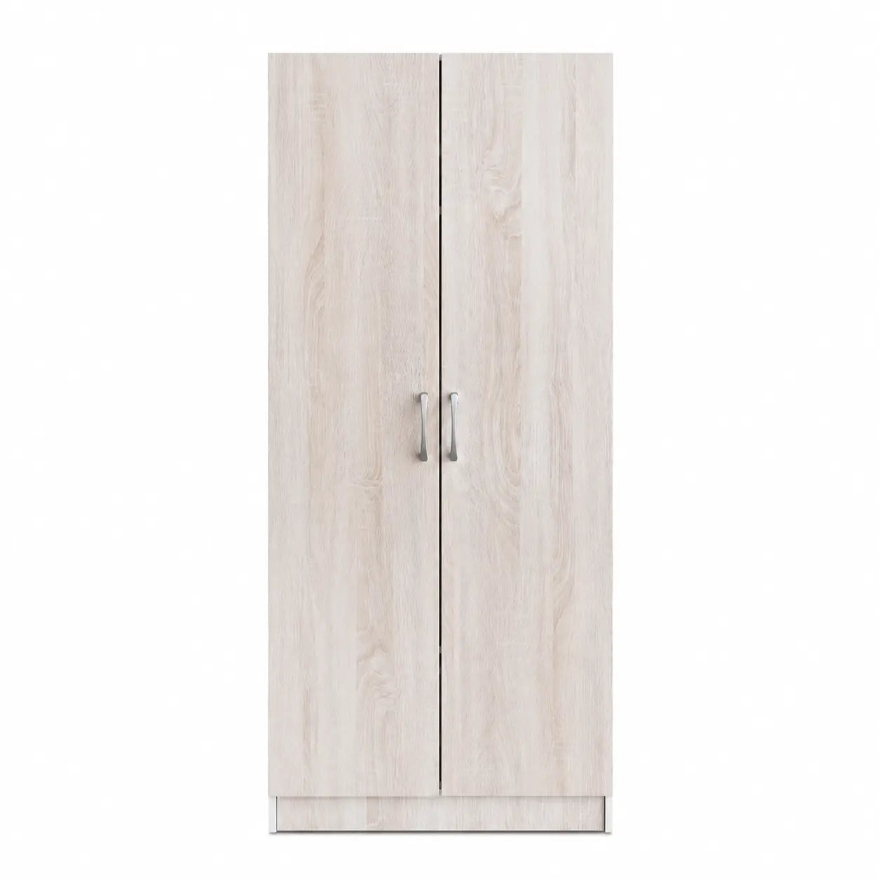 A tall two-door wardrobe or closet cabinet with a light beige wood grain finish and slim silver handles, shown against a plain white background.