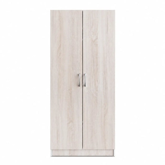 A tall two-door wardrobe or closet cabinet with a light beige wood grain finish and slim silver handles, shown against a plain white background.