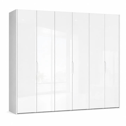 A six-door white high-gloss wardrobe or closet with slim vertical handles, shown on a plain white background.