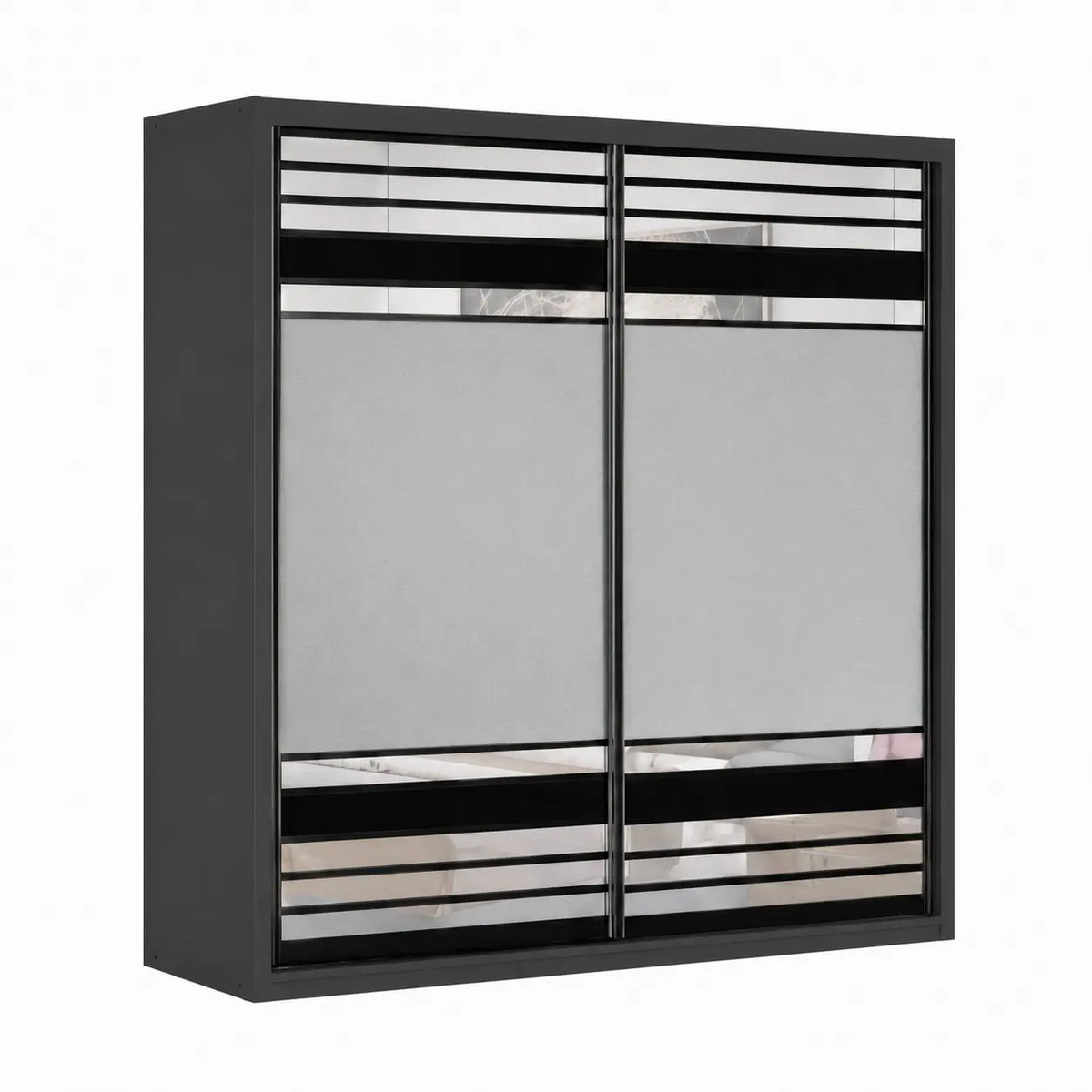 A modern black double-door wardrobe or closet cabinet with frosted glass panels and horizontal black metal bars near the top and bottom, shown against a plain white background.