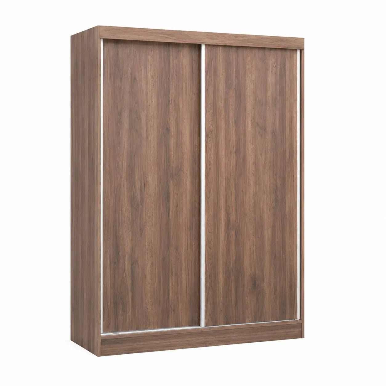 A modern two-door sliding wardrobe with a medium brown wood grain finish and slim silver metal frame accents, shown on a plain white background.