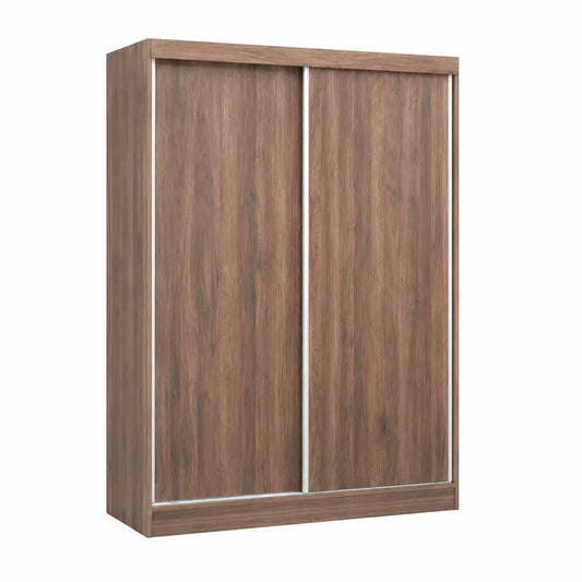A modern two-door sliding wardrobe with a medium brown wood grain finish and slim silver metal frame accents, shown on a plain white background.