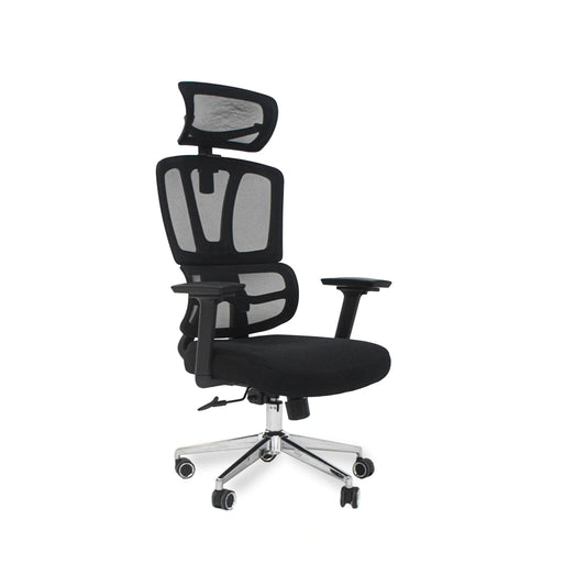 Black office chair with mesh backrest on a white background