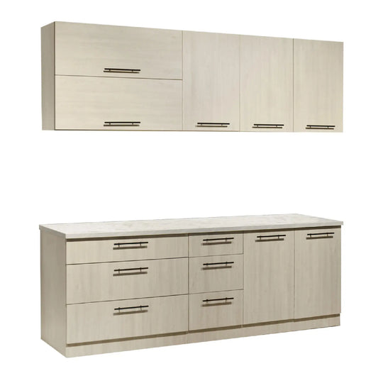 Beige kitchen cabinets with drawers on a white background