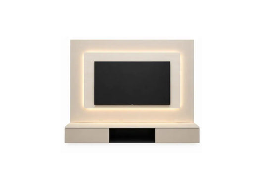 A modern wall-mounted TV stand with a cream-colored frame and base, featuring a black flat-screen TV in the center, illuminated by a warm LED light border, set against a plain white background.