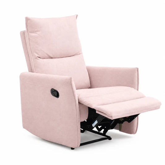 A light pink fabric recliner chair with the footrest extended, shown against a plain white background.