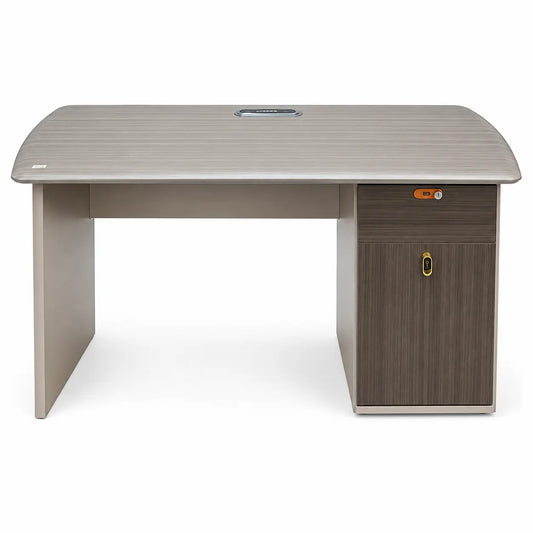 A modern office desk with a light gray wood-grain top and a matching light gray frame, featuring a dark brown wood-grain pedestal cabinet on the right side with a gold-colored lock and a small orange digital display.