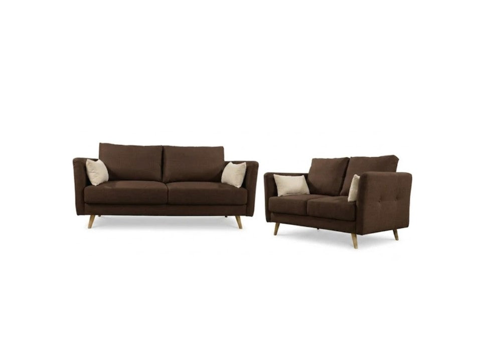 A mid-century modern brown fabric loveseat and matching armchair set with light wood legs and cream throw pillows, shown on a plain white background.