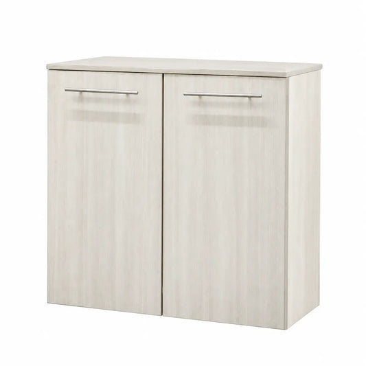 A light beige wood-grain two-door cabinet with slim silver metal handles, shown from a three-quarter angle on a white background.