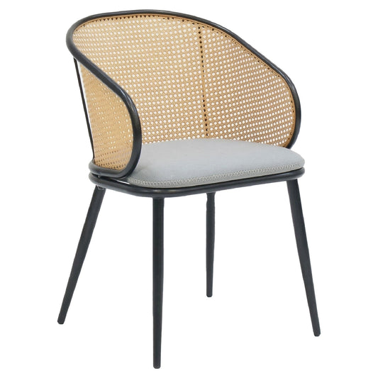 Chair with wicker backrest and cushioned seat on a white background
