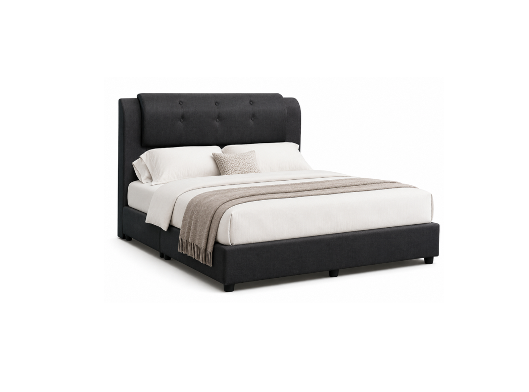 A modern platform bed with a tall, tufted black upholstered headboard and matching base, styled with white bedding and a beige throw blanket, on a solid white background.