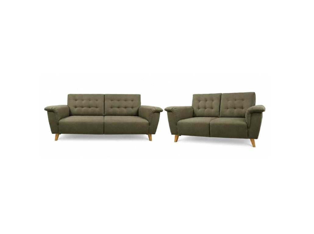 A matching two-piece sofa set consisting of a three-seat sofa and a two-seat loveseat, both upholstered in olive green fabric with tufted backrests and light wood legs, shown against a plain white background.