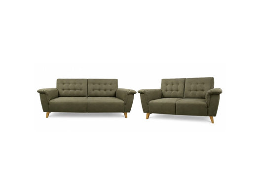 A matching two-piece sofa set consisting of a three-seat sofa and a two-seat loveseat, both upholstered in olive green fabric with tufted backrests and light wood legs, shown against a plain white background.