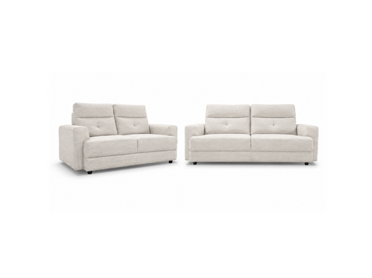 A light beige upholstered loveseat and matching sofa set shown side by side on a plain white background.