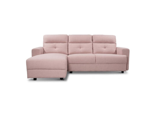 A three-seater sofa with a left-facing chaise lounge, upholstered in a dusty pink fabric, shown against a plain white background.
