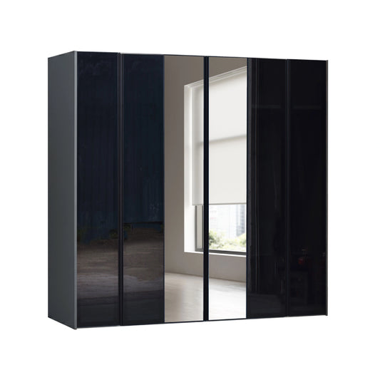 Black wardrobe with sliding doors on a white background
