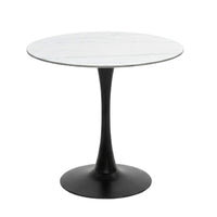 Round table with white top and black base on a white background