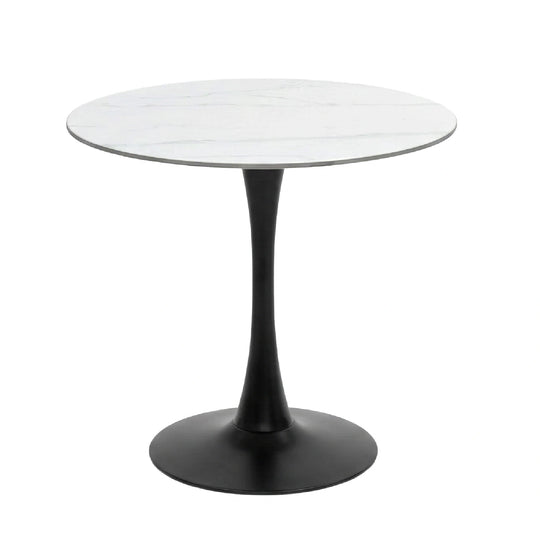 Round table with white top and black base on a white background