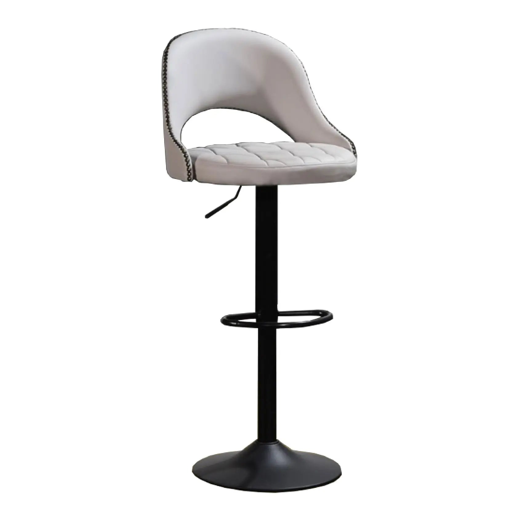 Gray bar stool with a black base on a white background