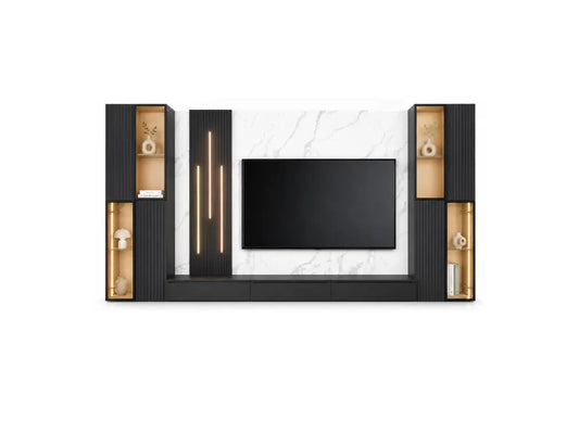 A modern wall-mounted media console with a black frame, a white marble-look center panel, a black television, and open shelving in a warm wood finish on both sides.