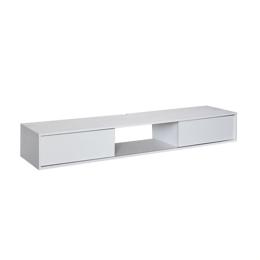 White TV stand with open shelf on a white background