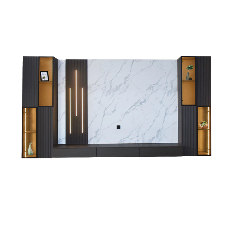 Modern wall unit with marble panel and wooden shelves on a white background