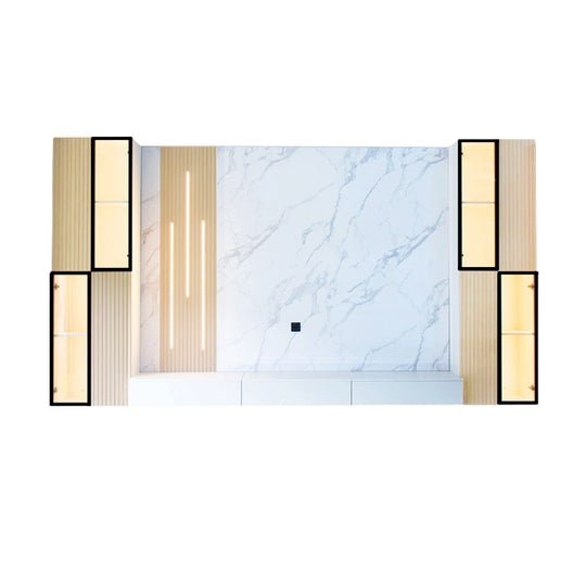 Modern bathroom vanity with marble countertop and gold accents