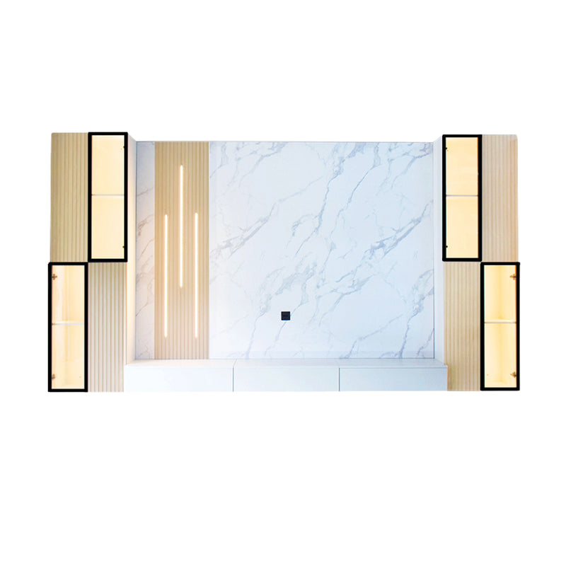 Modern bathroom vanity with marble countertop and gold accents