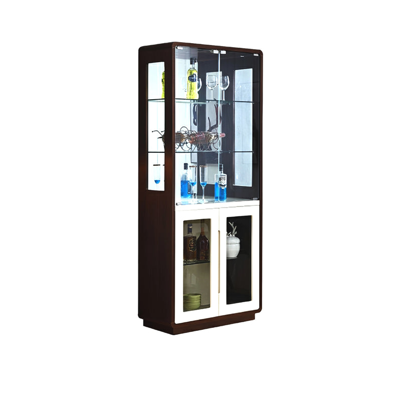 Tall glass display cabinet with various items on a white background