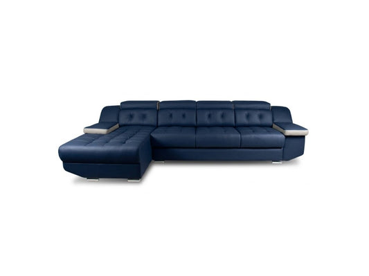 A modern sectional sofa in navy blue leather with tufted back cushions and light gray side panels, shown on a plain white background.