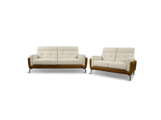 A modern two-piece living room furniture set consisting of a three-seat sofa and a two-seat loveseat, both upholstered in cream-colored fabric with brown wooden armrests and slim metal legs, shown against a plain white background.