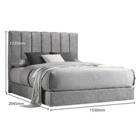 Gray upholstered bed with dimensions labeled on a white background