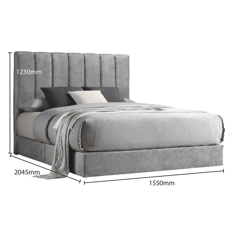 Gray upholstered bed with dimensions labeled on a white background