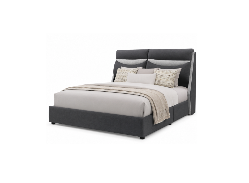 A modern platform bed with a dark gray upholstered headboard and footboard, styled with white bedding, beige pillows, and a light beige throw blanket, shown against a plain white background.