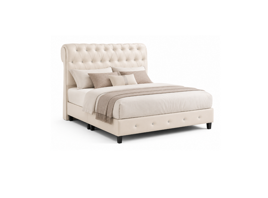 An upholstered bed frame with a tall tufted headboard and matching footboard, shown with cream bedding, beige pillows, and a draped throw blanket on a plain white background.