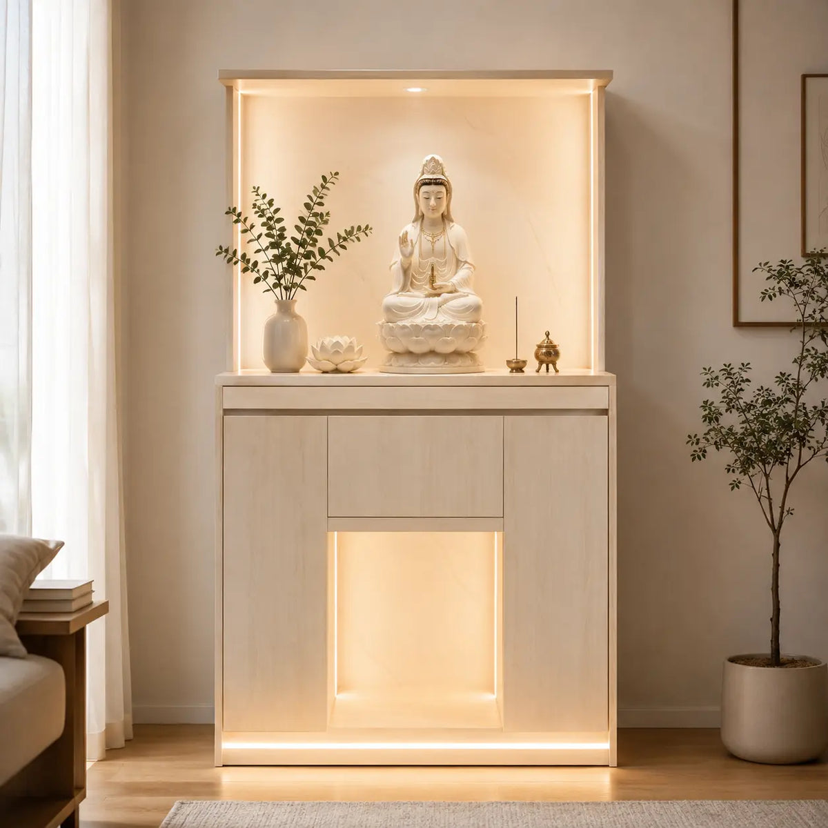 A light wood altar cabinet with built-in warm LED lighting, styled with a white seated Buddha statue, small decorative objects, and potted plants in a minimalist room.